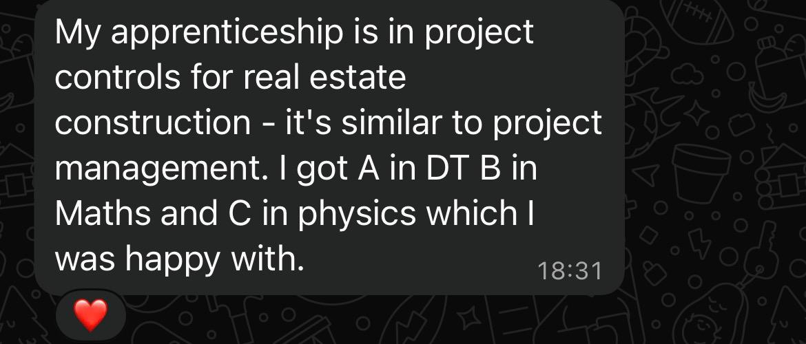WhatsApp message about exam grades and an apprenticeship