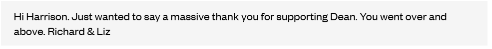 Thank you message from Richard and Liz about Dean