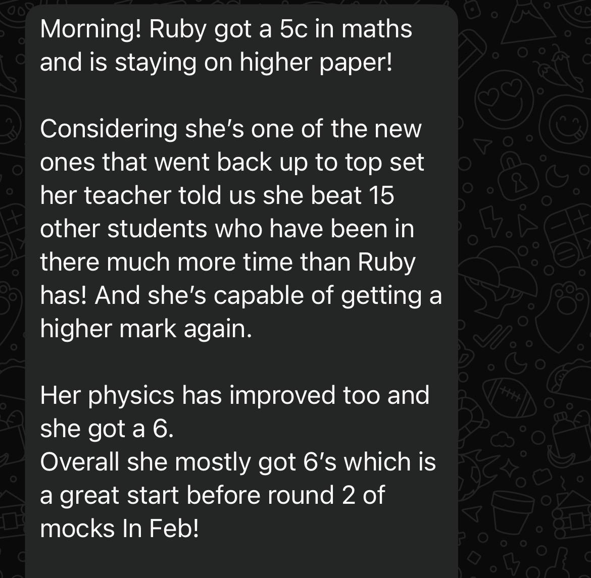 WhatsApp message about Ruby's exam results