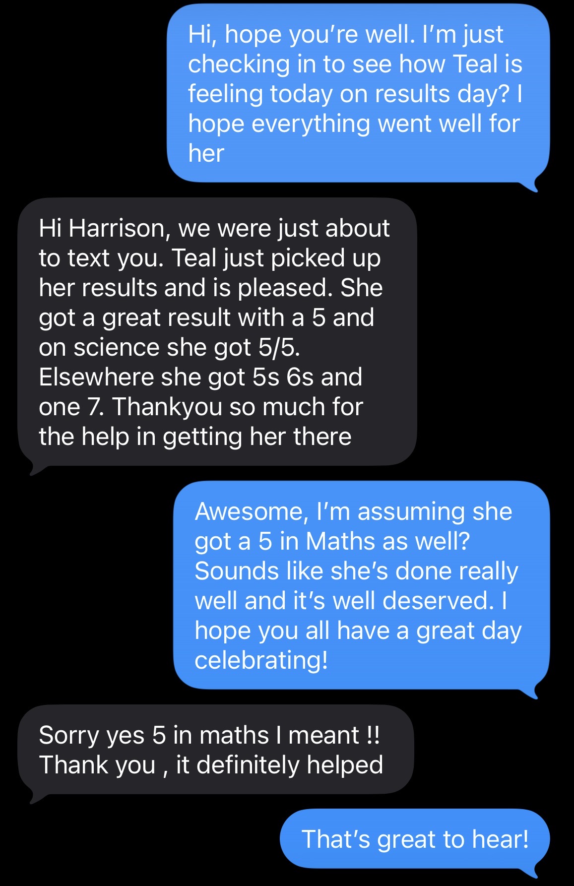 Results day text message conversation about Teal