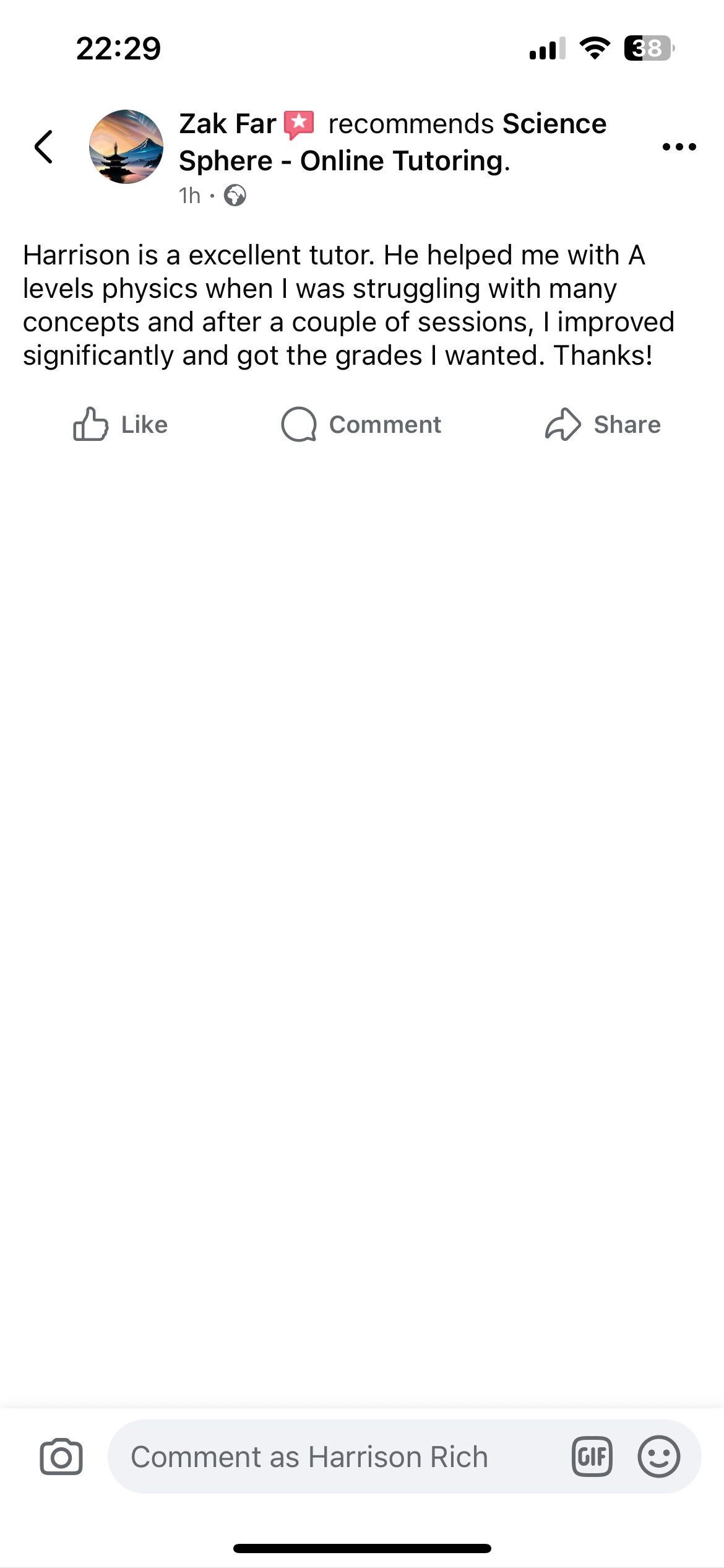 Facebook recommendation from Zak Far